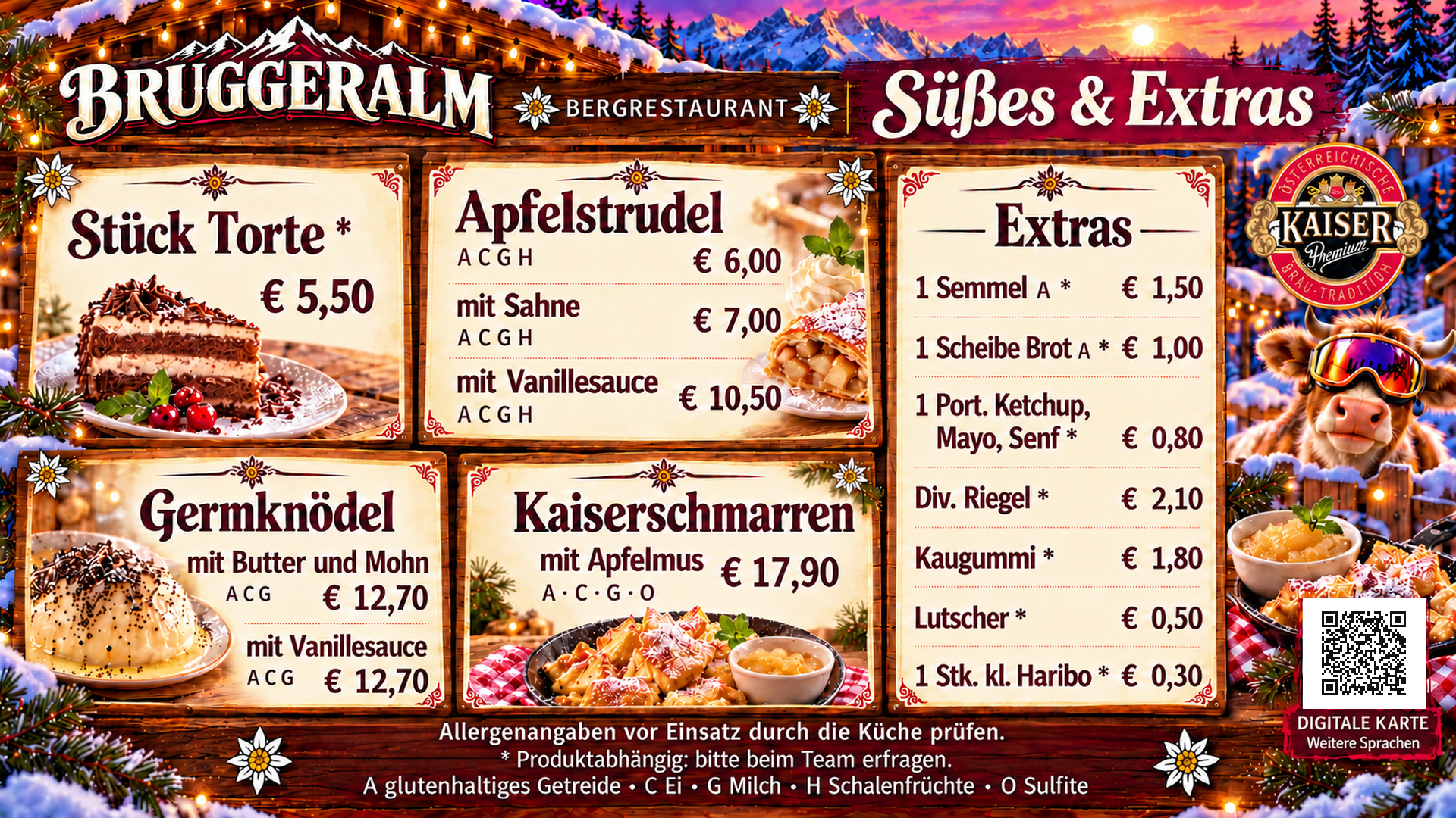 Unsere Winterkarte im bunten Bruggeralm-Alpendesign: Süßes und Extras